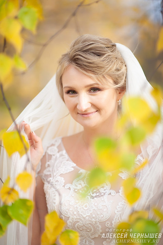 Невеста в желтой осенней листве в Воронцовском парке фото